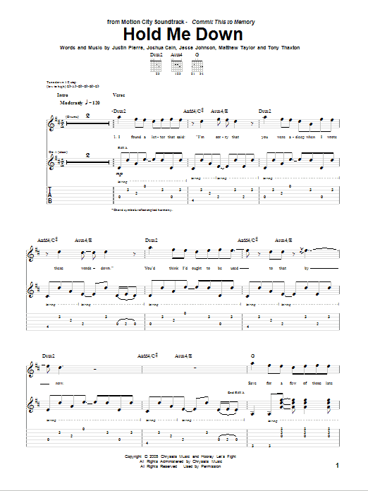 Motion City Soundtrack Hold Me Down sheet music notes and chords arranged for Guitar Tab