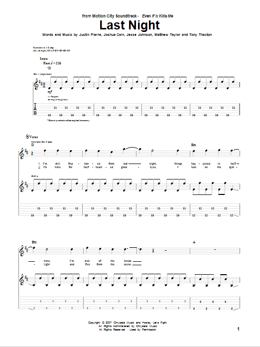 Motion City Soundtrack Last Night sheet music notes and chords arranged for Guitar Tab