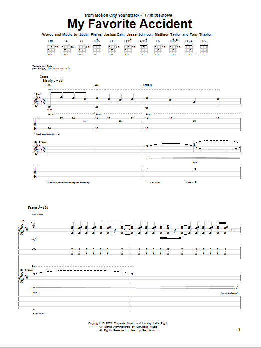 Motion City Soundtrack My Favorite Accident sheet music notes and chords arranged for Guitar Tab