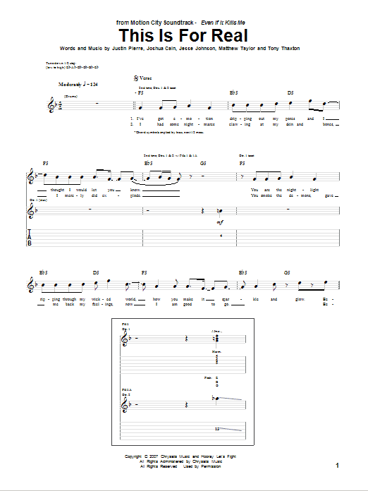Motion City Soundtrack This Is For Real sheet music notes and chords arranged for Guitar Tab