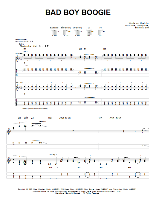 Motley Crue Bad Boy Boogie sheet music notes and chords arranged for Guitar Tab