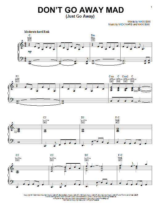 Motley Crue Don't Go Away Mad (Just Go Away) sheet music notes and chords arranged for Piano, Vocal & Guitar Chords (Right-Hand Melody)