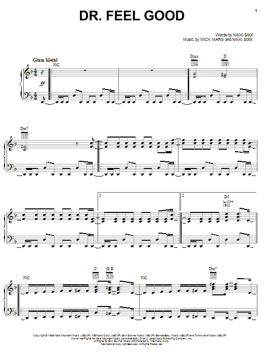 Motley Crue Dr. Feel Good sheet music notes and chords arranged for Piano, Vocal & Guitar Chords (Right-Hand Melody)