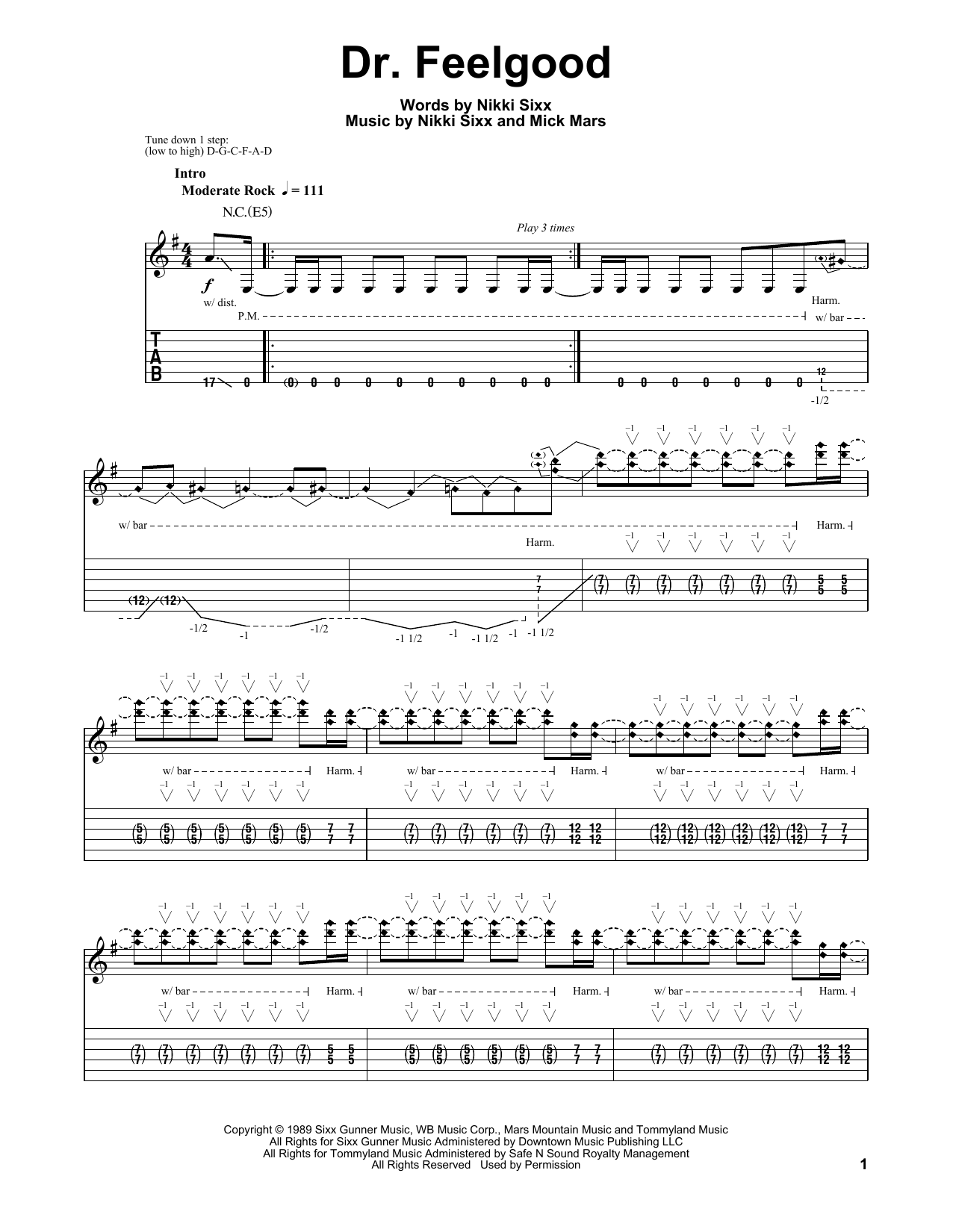 Motley Crue Dr. Feelgood sheet music notes and chords arranged for Really Easy Guitar