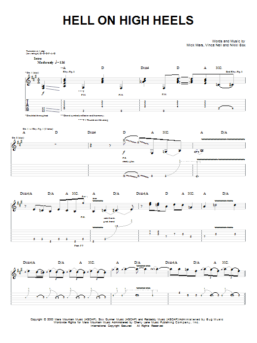 Motley Crue Hell On High Heels sheet music notes and chords arranged for Guitar Tab