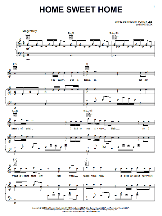 Motley Crue Home Sweet Home sheet music notes and chords arranged for Piano, Vocal & Guitar Chords (Right-Hand Melody)
