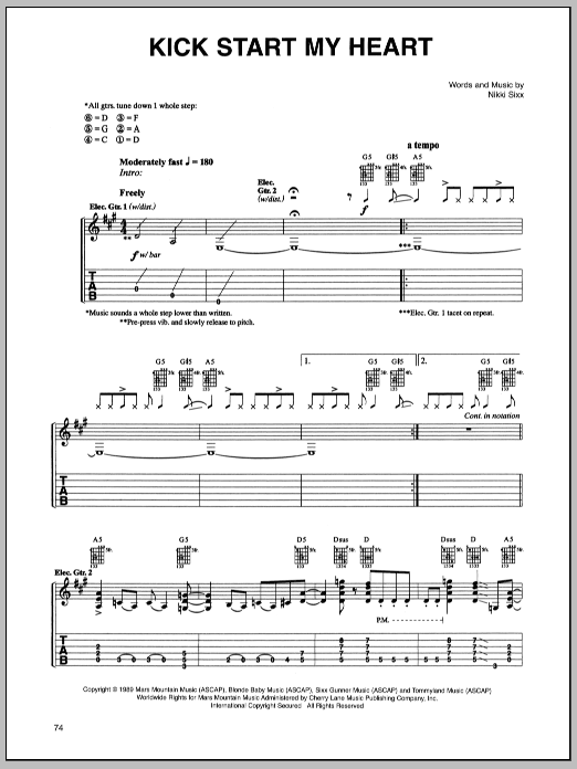 Motley Crue Kick Start My Heart sheet music notes and chords arranged for Guitar Tab