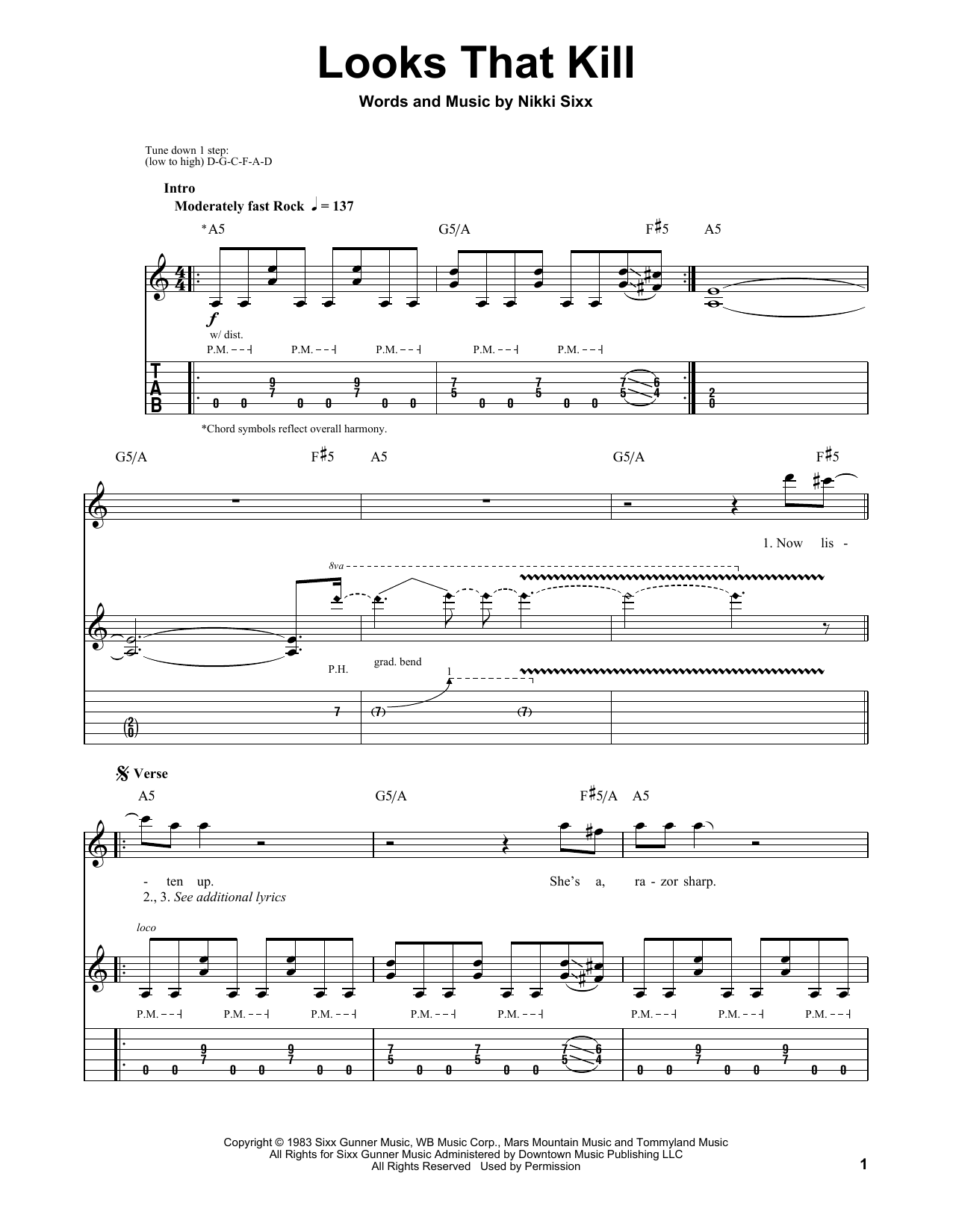Motley Crue Looks That Kill sheet music notes and chords arranged for Drums Transcription