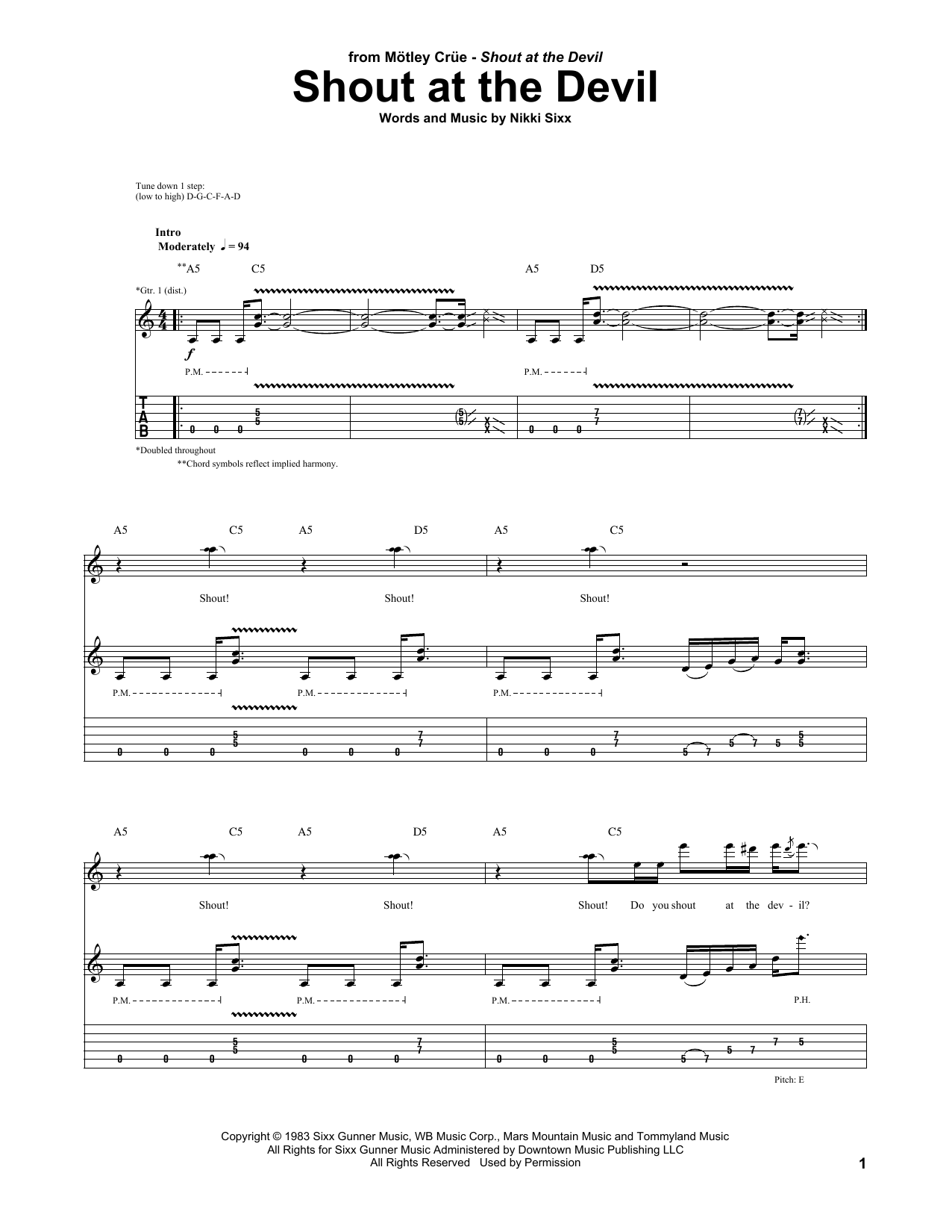 Motley Crue Shout At The Devil sheet music notes and chords arranged for Guitar Tab (Single Guitar)