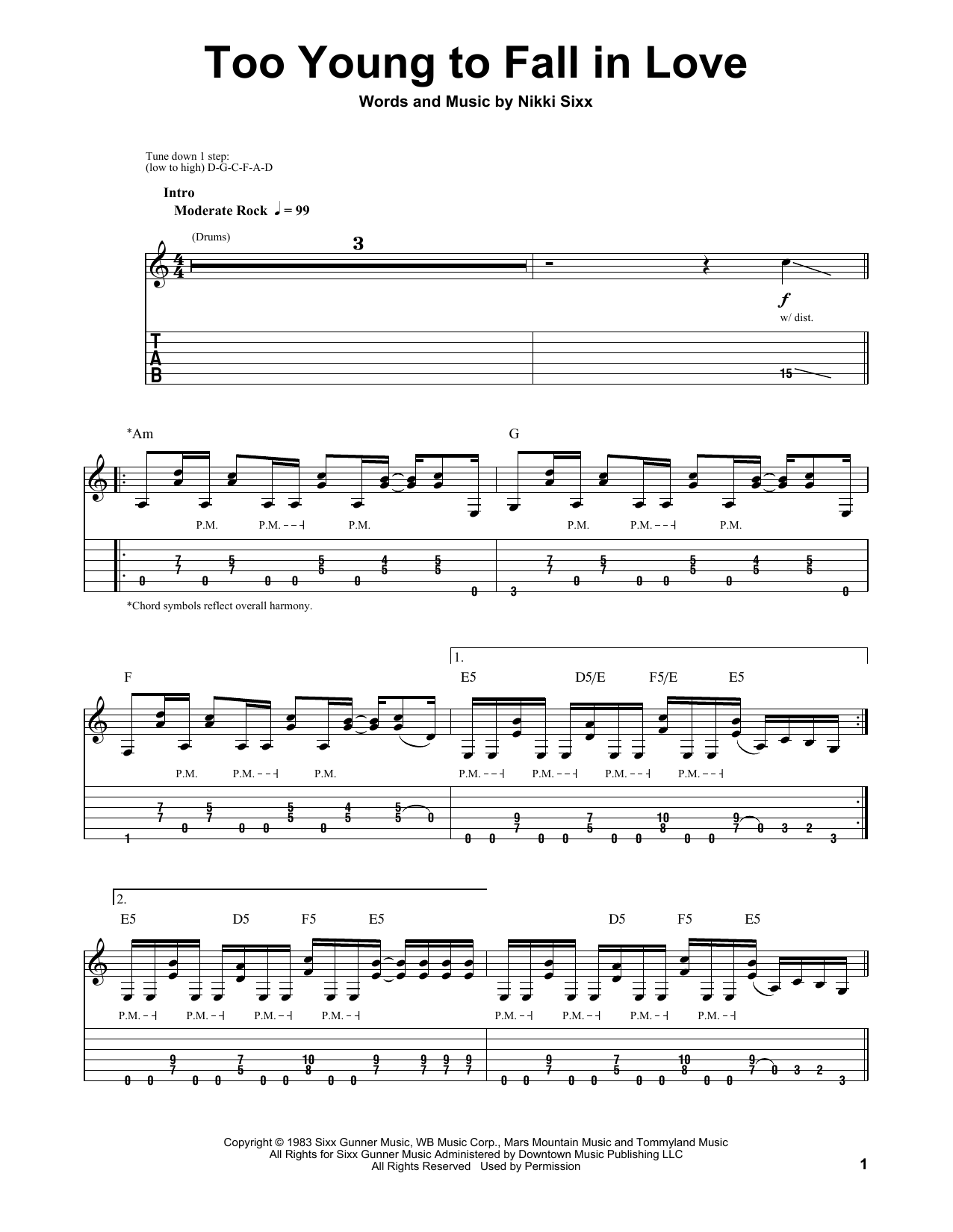 Motley Crue Too Young To Fall In Love sheet music notes and chords arranged for Guitar Tab (Single Guitar)