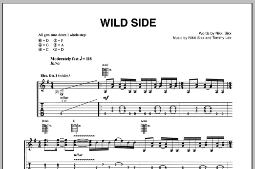 Motley Crue Wild Side sheet music notes and chords arranged for Guitar Tab (Single Guitar)