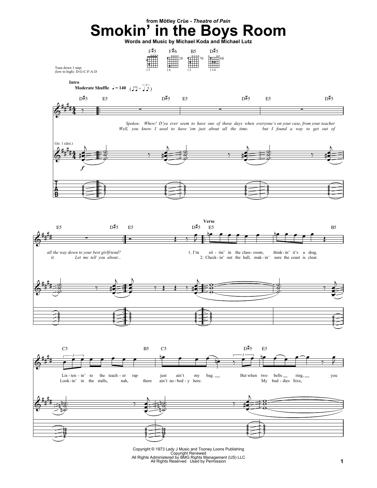 Motley Crue Smokin' In The Boys Room sheet music notes and chords. Download Printable PDF.