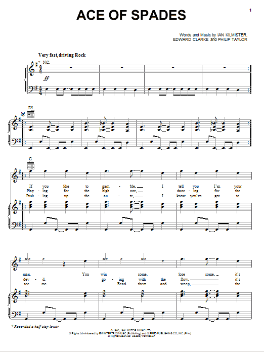 Motorhead Ace Of Spades sheet music notes and chords arranged for Easy Bass Tab
