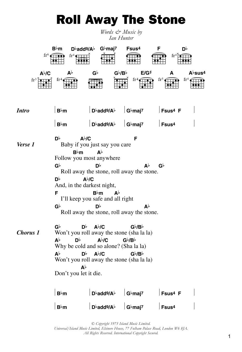 Mott The Hoople Roll Away The Stone sheet music notes and chords arranged for Guitar Chords/Lyrics
