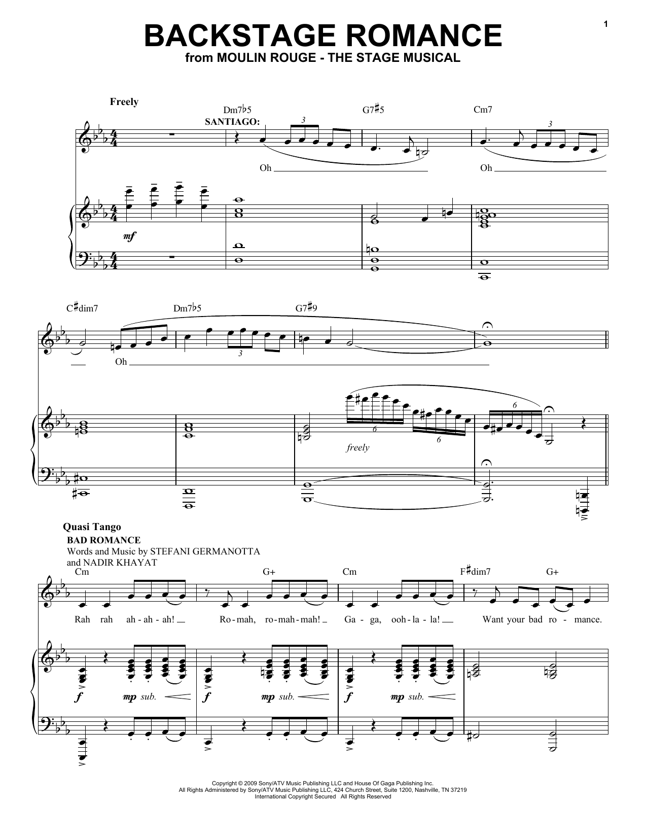 Moulin Rouge! The Musical Cast Backstage Romance (from Moulin Rouge! The Musical) sheet music notes and chords arranged for Piano & Vocal