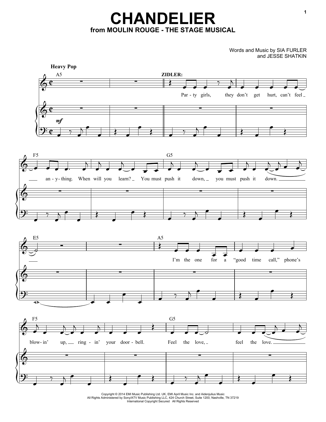 Moulin Rouge! The Musical Cast Chandelier (from Moulin Rouge! The Musical) sheet music notes and chords arranged for Piano & Vocal
