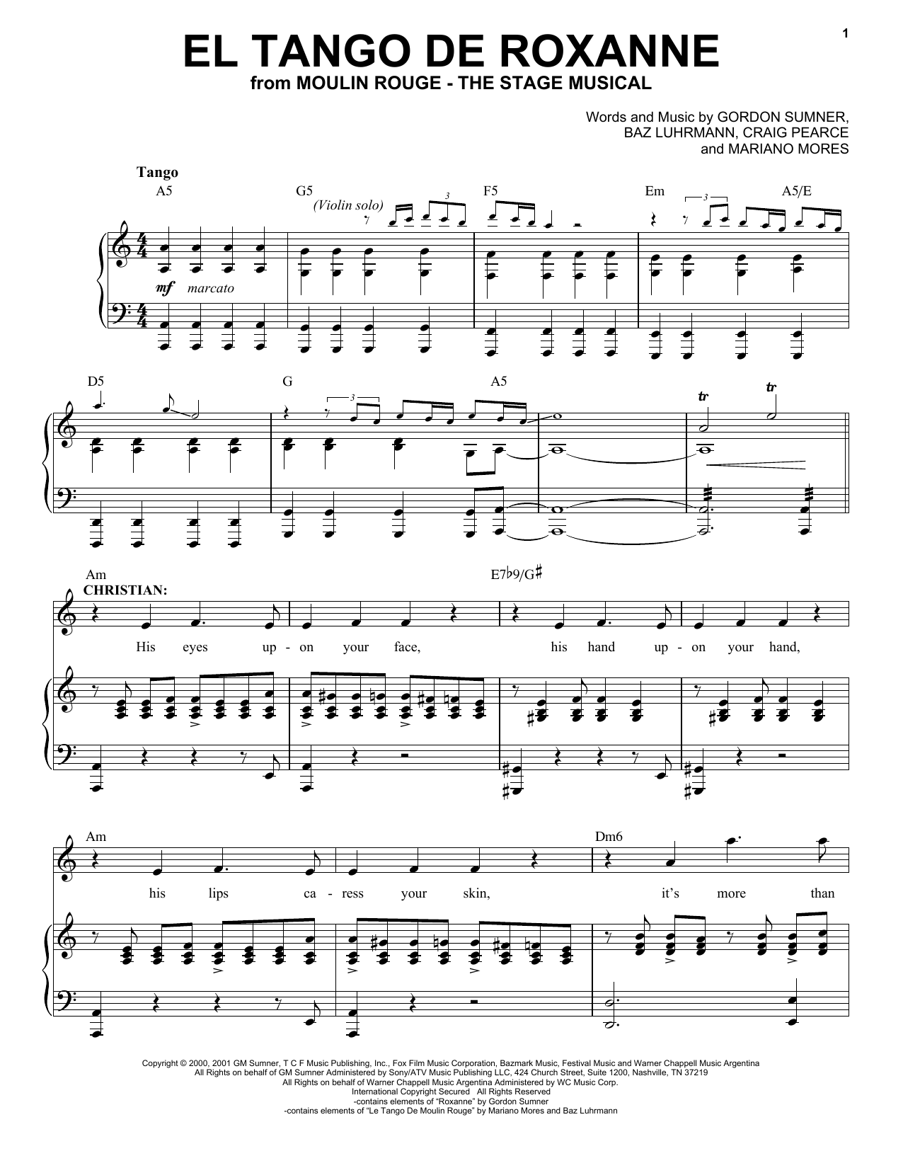 Moulin Rouge! The Musical Cast El Tango De Roxanne (from Moulin Rouge! The Musical) sheet music notes and chords arranged for Piano & Vocal