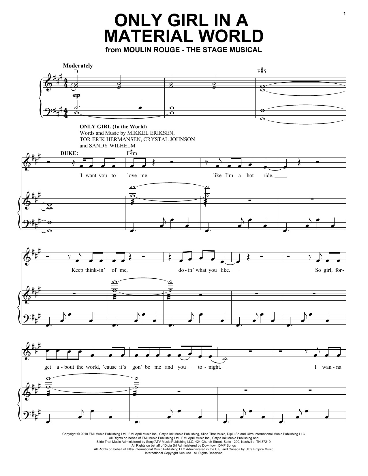 Moulin Rouge! The Musical Cast Only Girl In A Material World (from Moulin Rouge! The Musical) sheet music notes and chords arranged for Piano & Vocal