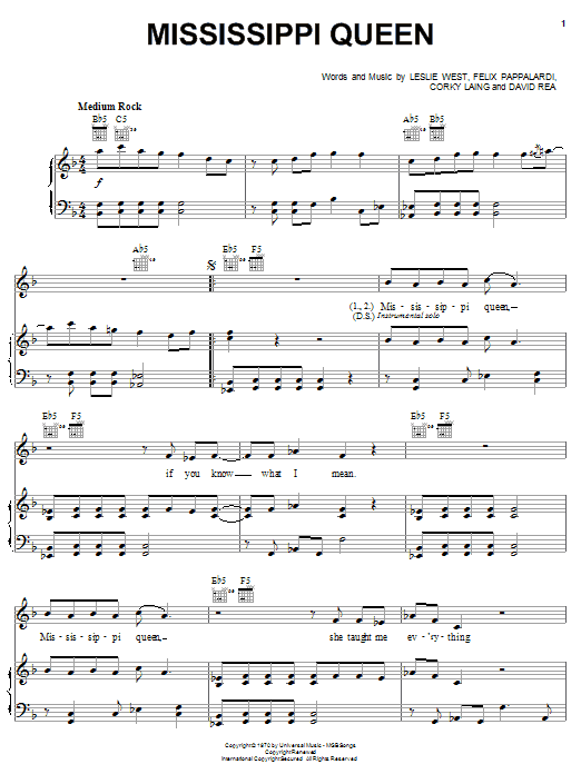 Mountain Mississippi Queen sheet music notes and chords arranged for Piano, Vocal & Guitar Chords (Right-Hand Melody)