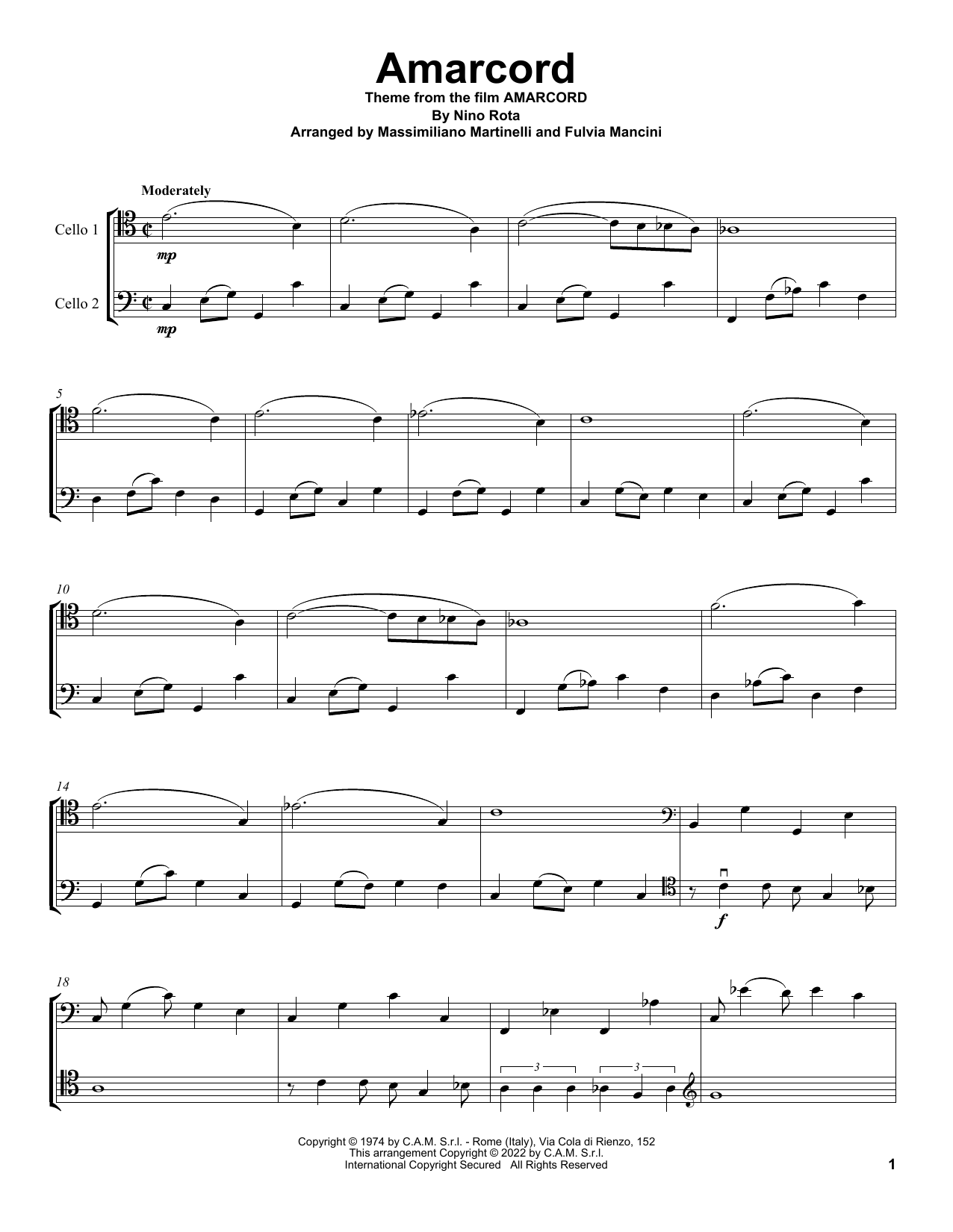 Mr & Mrs Cello Amarcord (from Amarcord) sheet music notes and chords arranged for Cello Duet