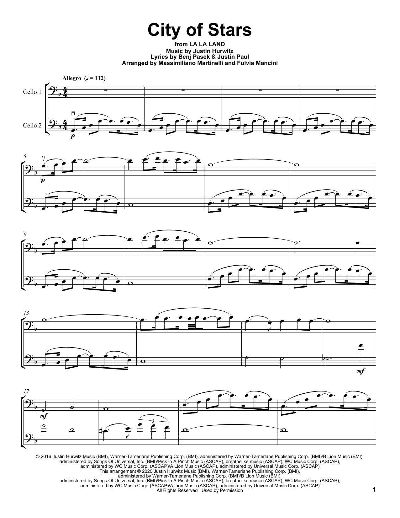 Mr & Mrs Cello City Of Stars (from La La Land) sheet music notes and chords arranged for Cello Duet