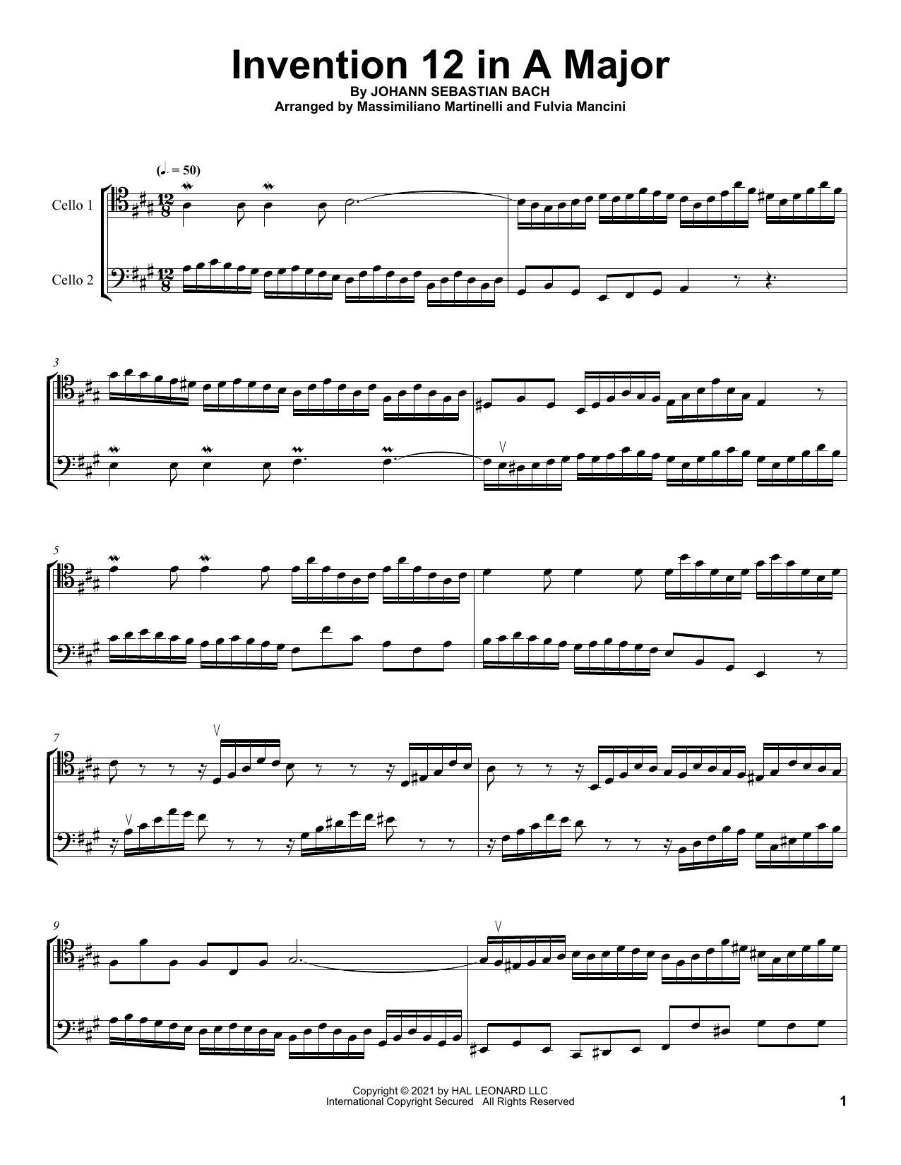 Mr & Mrs Cello Invention 12 In A Major sheet music notes and chords arranged for Cello Duet
