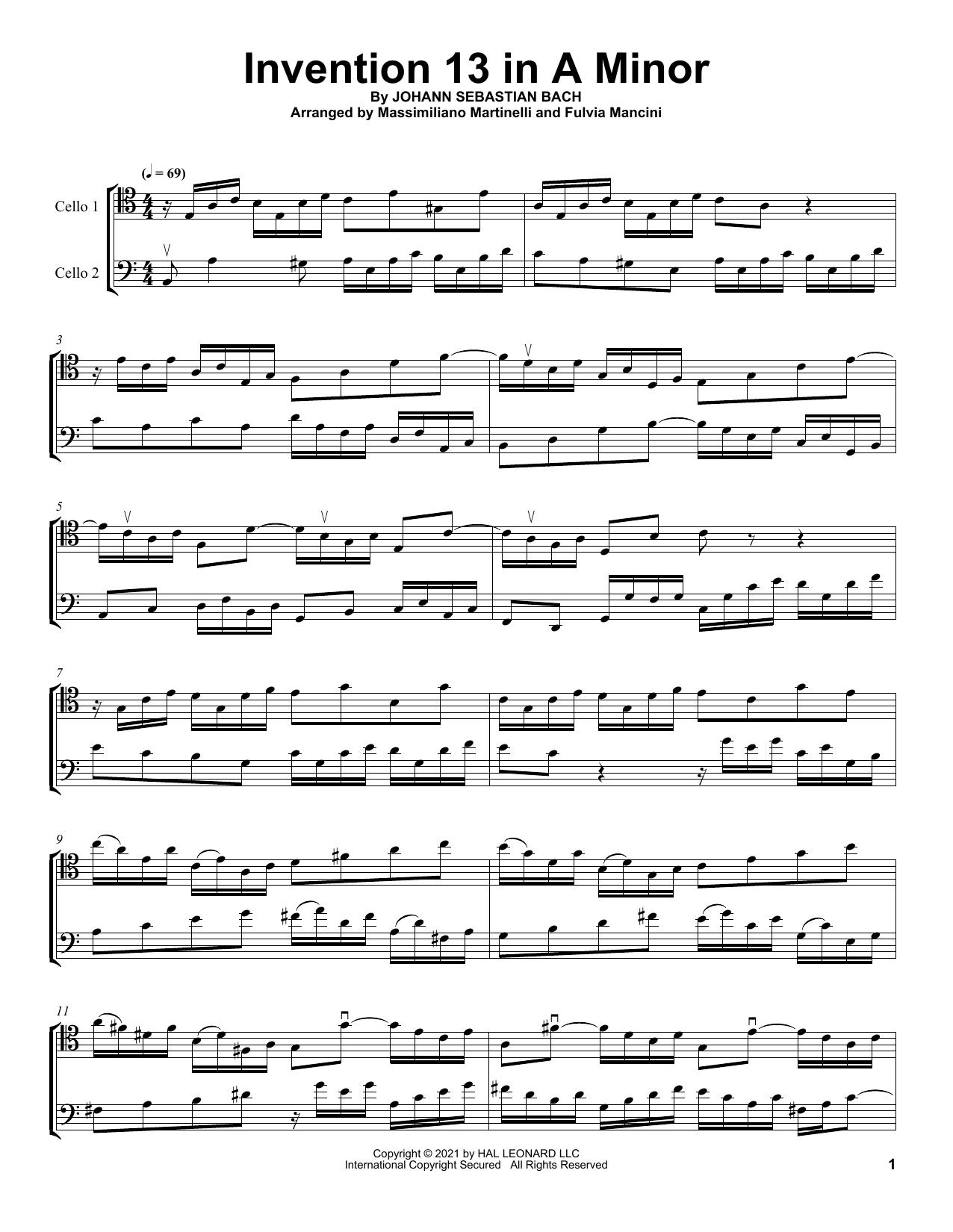Mr & Mrs Cello Invention 13 In A Minor sheet music notes and chords arranged for Cello Duet