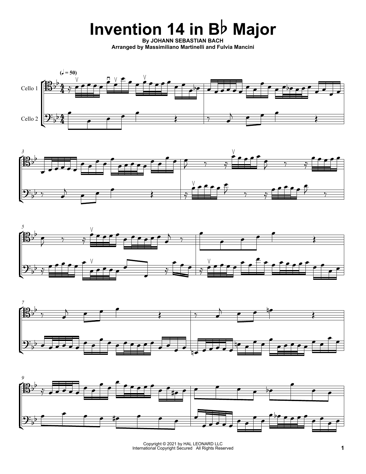 Mr & Mrs Cello Invention 14 In B-Flat Major sheet music notes and chords arranged for Cello Duet