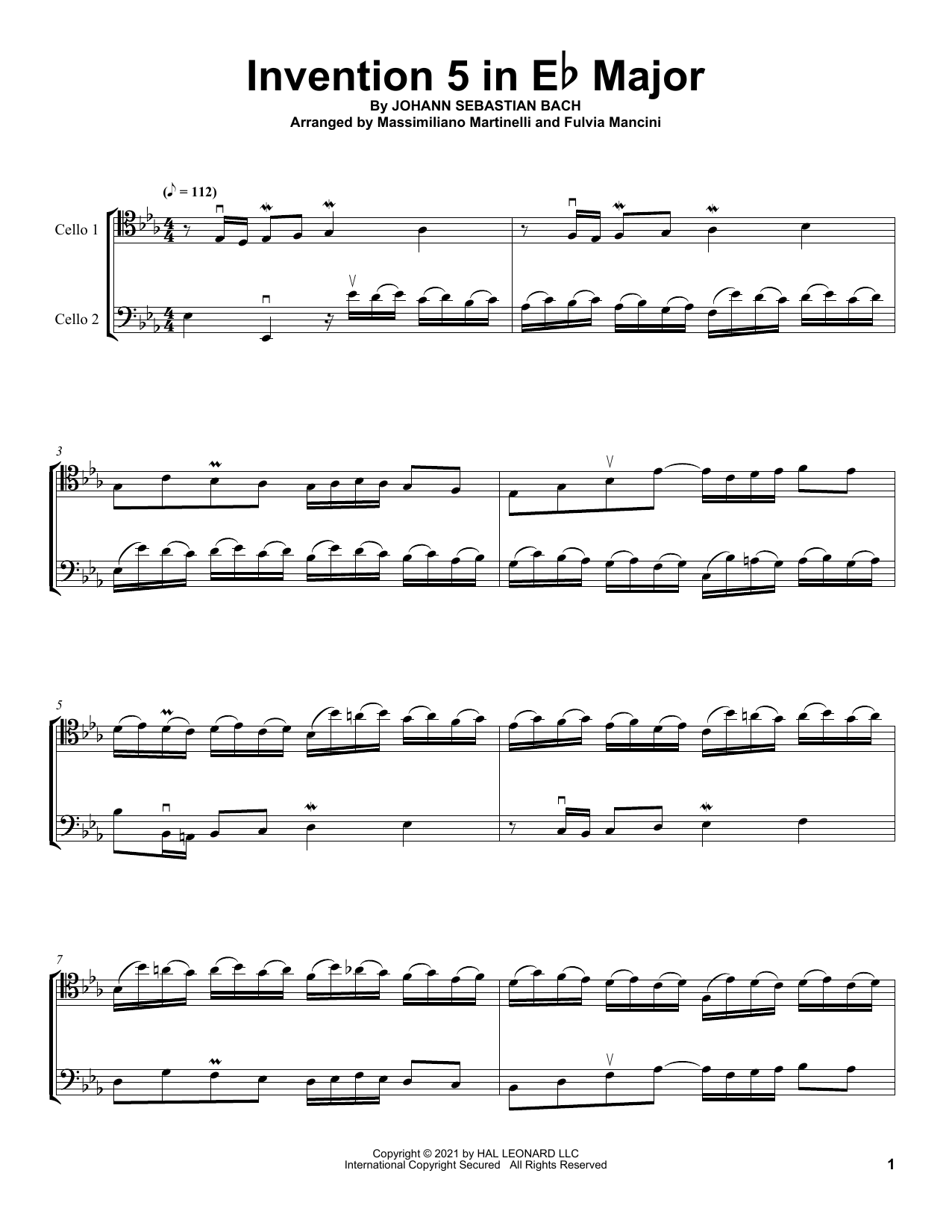 Mr & Mrs Cello Invention 5 In E-Flat Major sheet music notes and chords arranged for Cello Duet