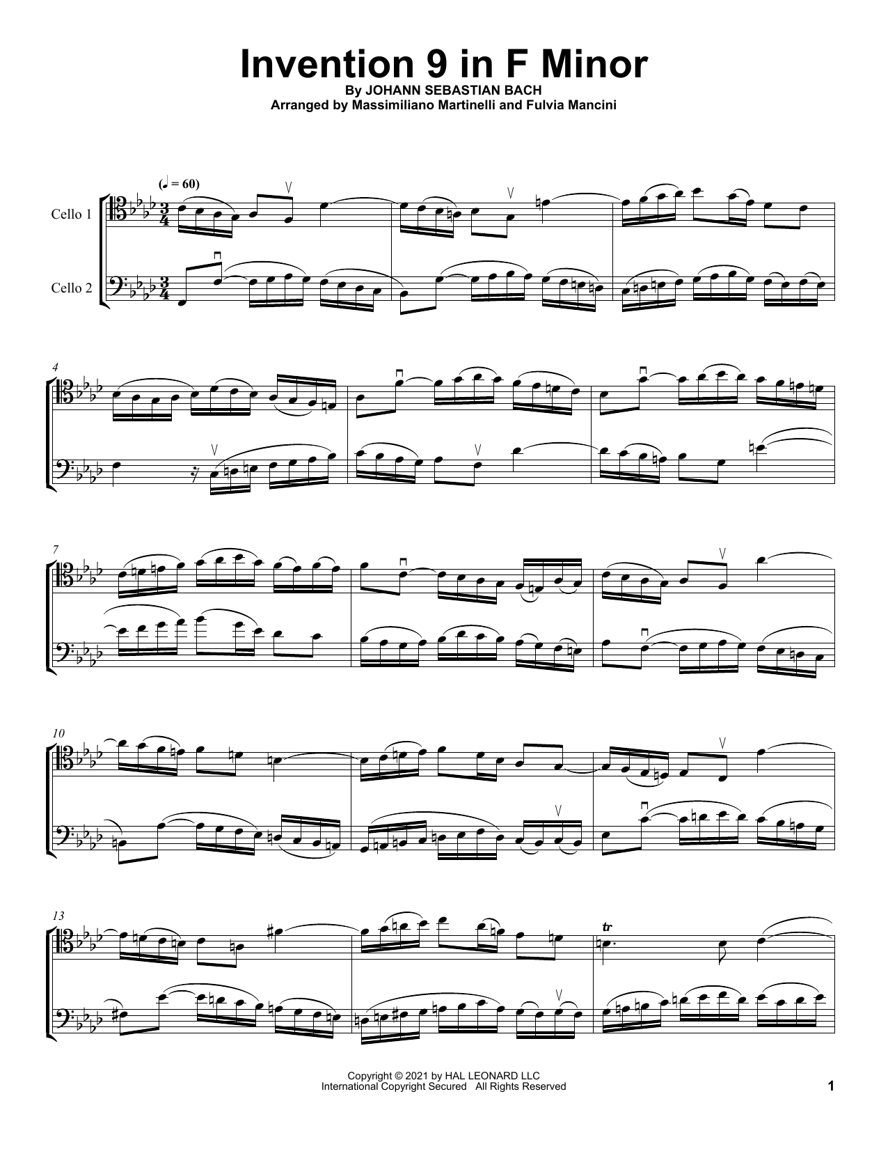 Mr & Mrs Cello Invention 9 In F Minor sheet music notes and chords arranged for Cello Duet