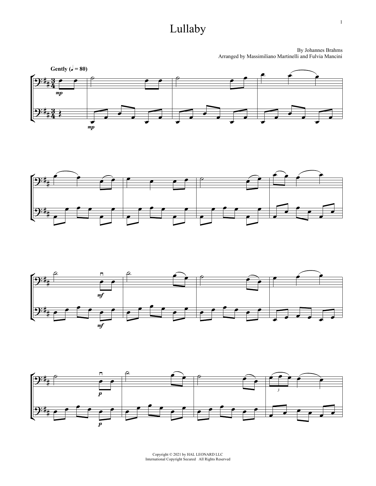 Mr & Mrs Cello Lullaby sheet music notes and chords arranged for Cello Duet