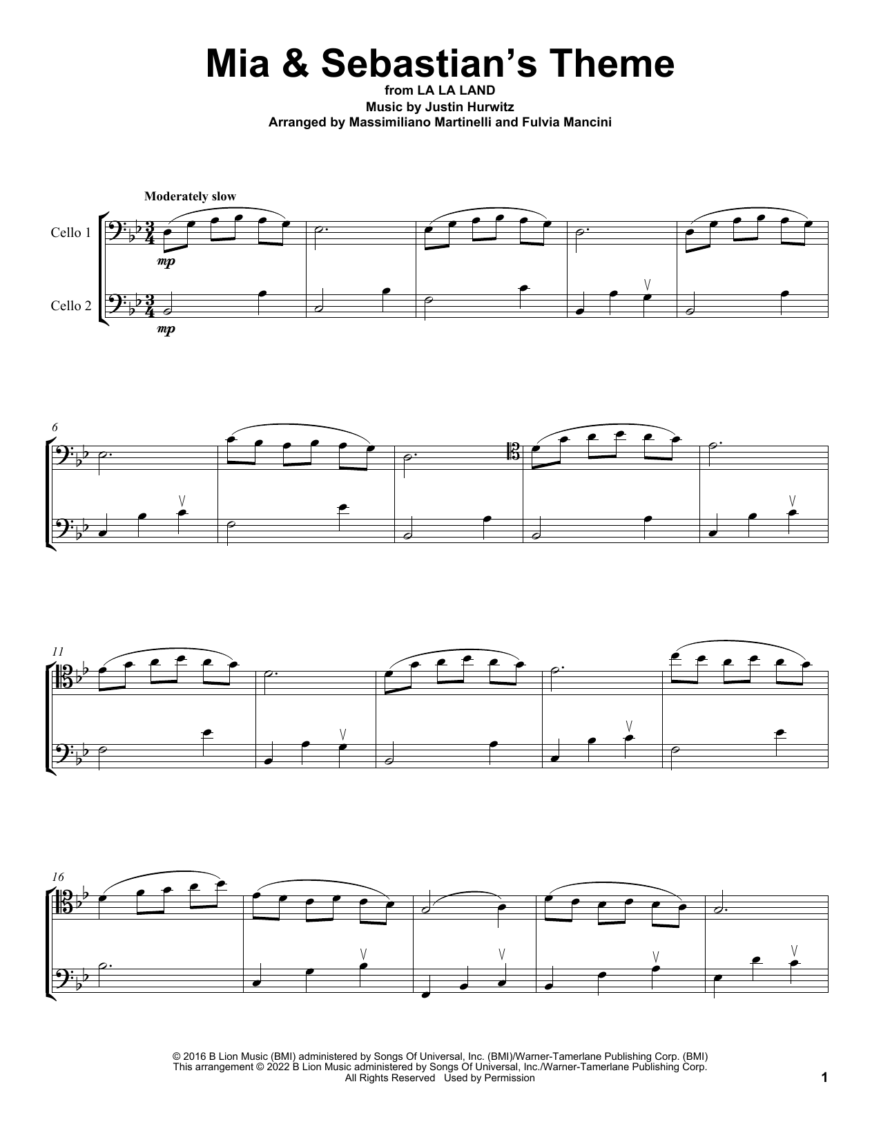 Mr & Mrs Cello Mia & Sebastian's Theme (from La La Land) sheet music notes and chords arranged for Cello Duet
