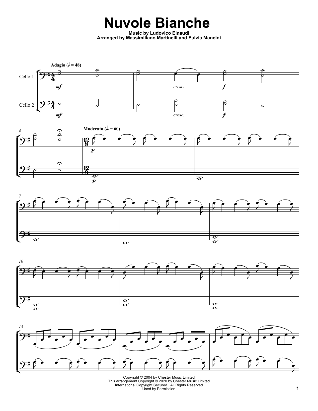 Mr & Mrs Cello Nuvole Bianche sheet music notes and chords arranged for Cello Duet