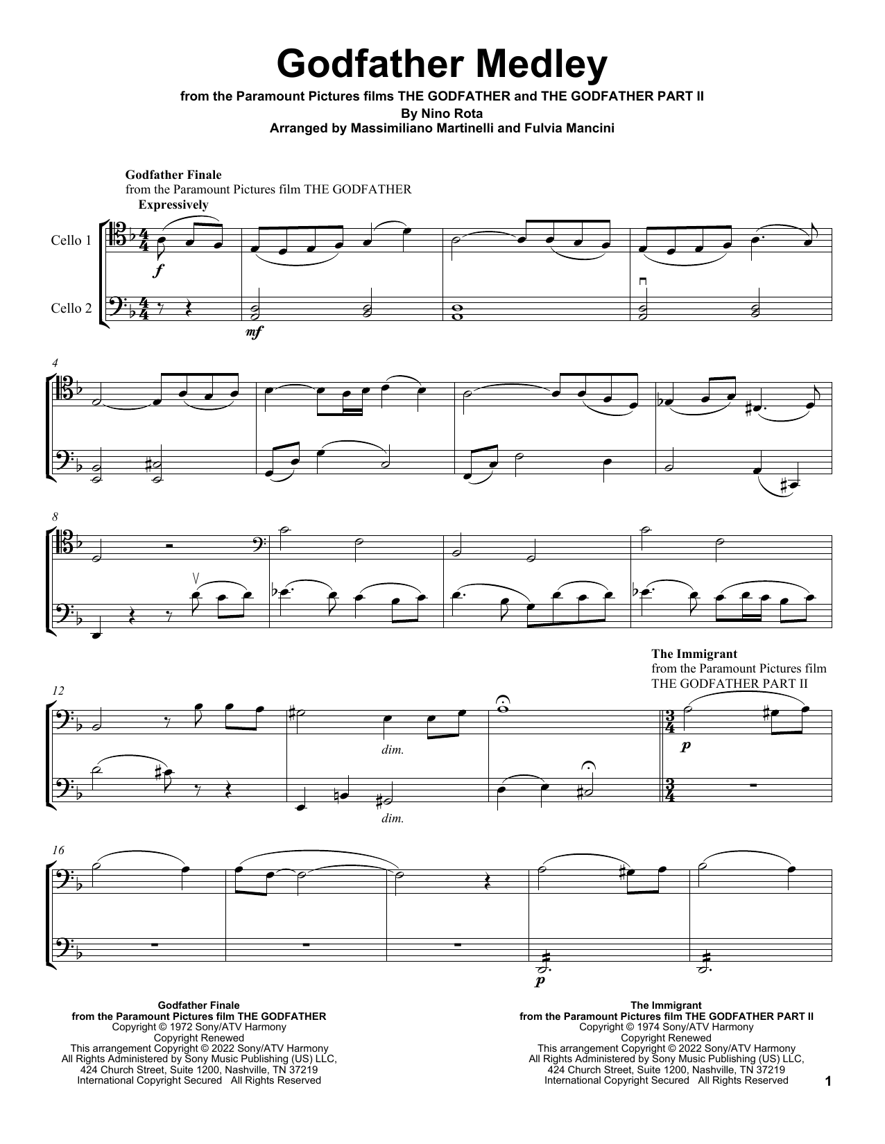 Mr & Mrs Cello The Immigrant (from The Godfather Part II) sheet music notes and chords arranged for Cello Duet
