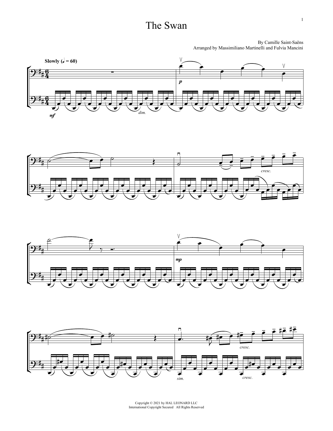Mr & Mrs Cello The Swan sheet music notes and chords arranged for Cello Duet