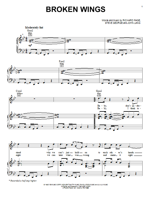 Mr. Mister Broken Wings sheet music notes and chords arranged for Piano, Vocal & Guitar Chords (Right-Hand Melody)