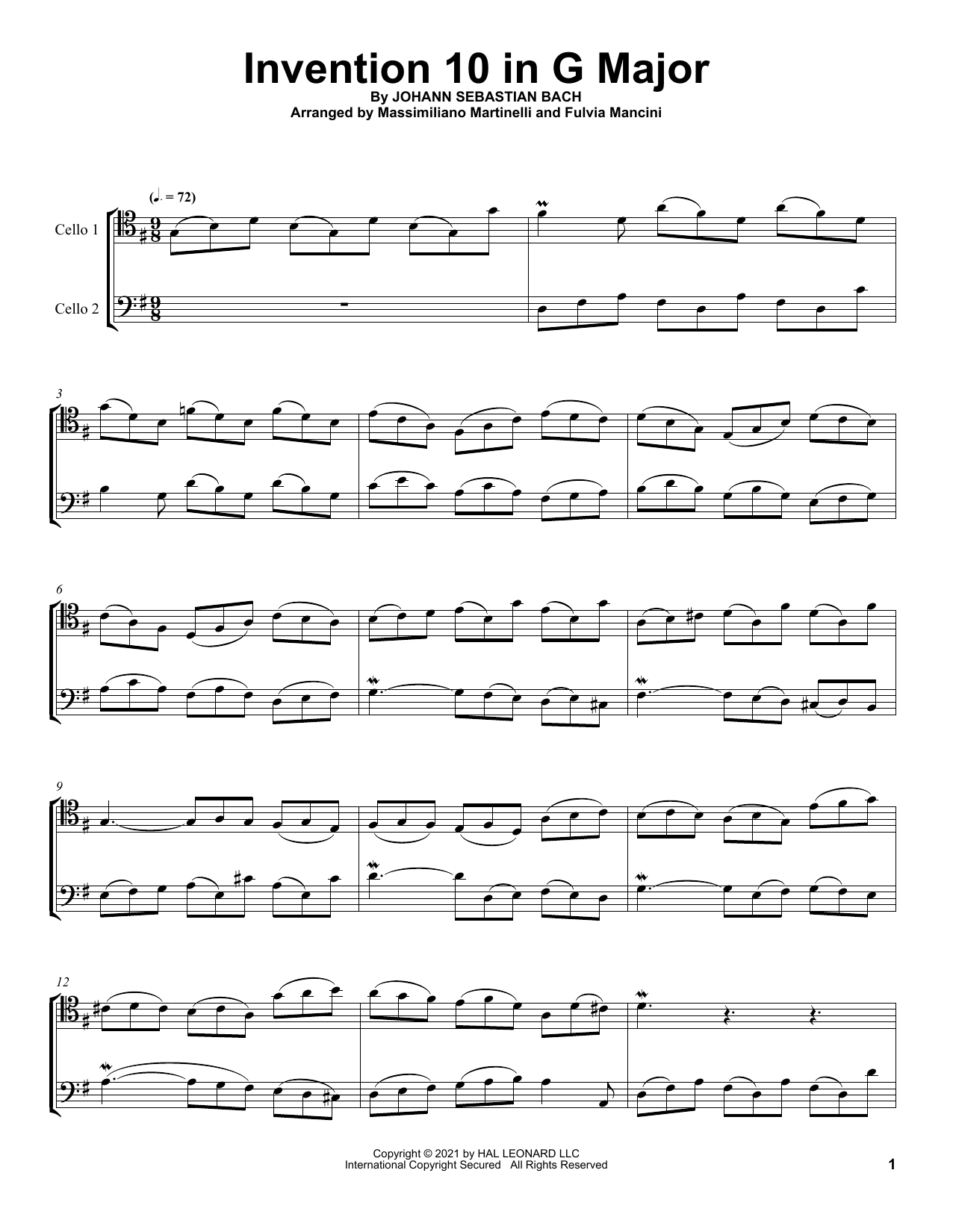 Mr & Mrs Cello Invention 10 In G Major sheet music notes and chords arranged for Cello Duet