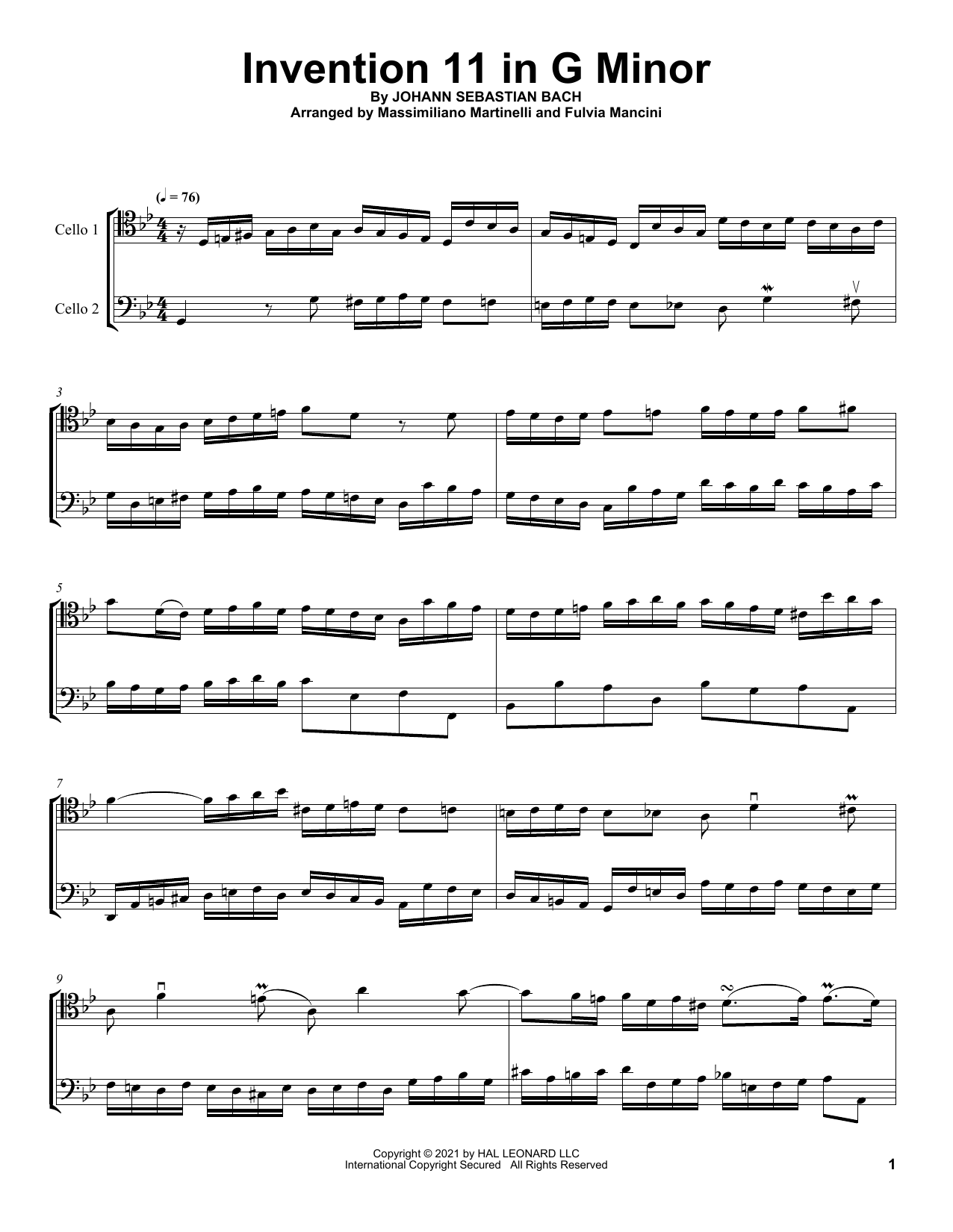 Mr & Mrs Cello Invention 11 In G Minor sheet music notes and chords arranged for Cello Duet