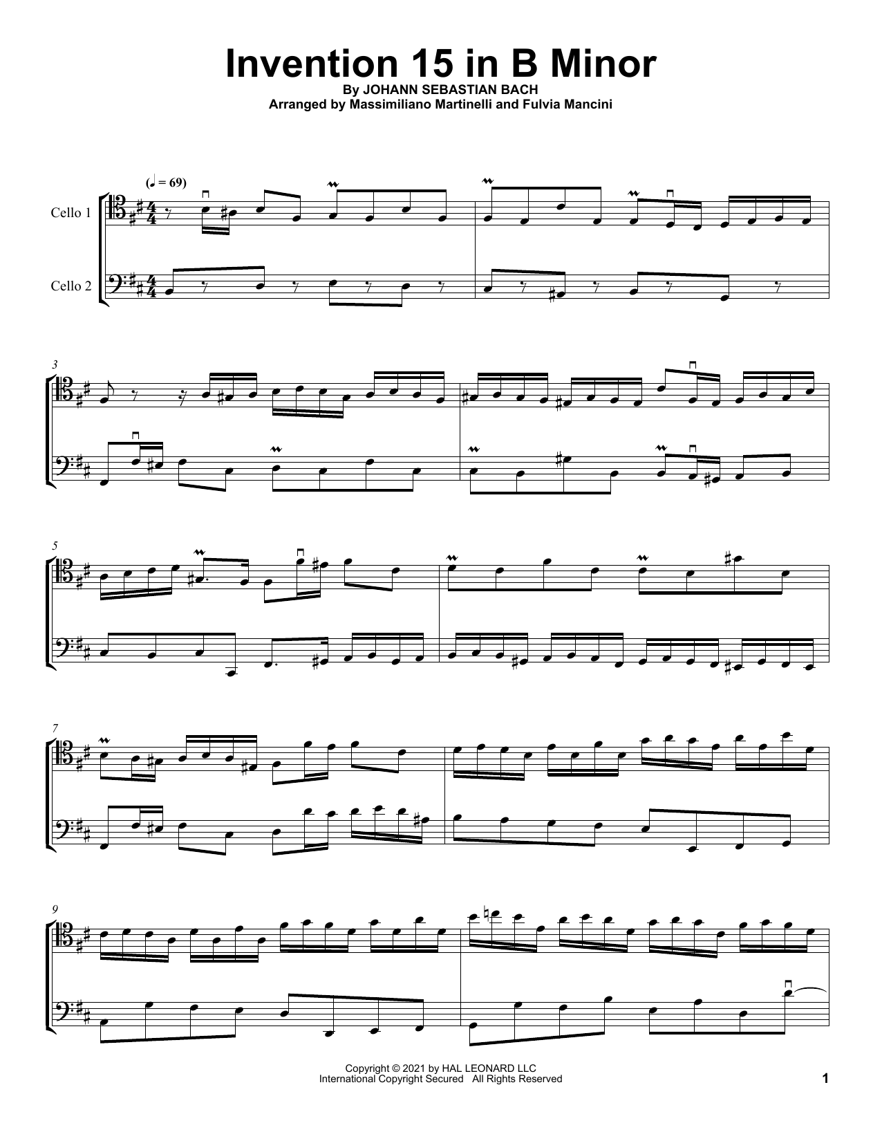 Mr & Mrs Cello Invention 15 In B Minor sheet music notes and chords arranged for Cello Duet