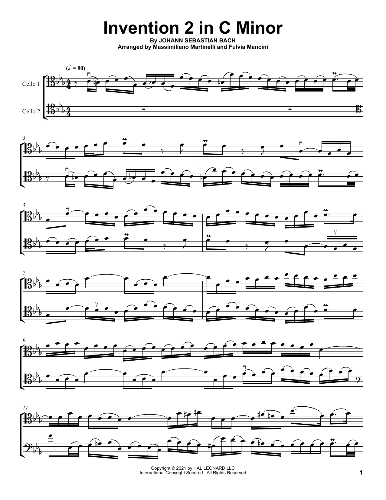 Mr & Mrs Cello Invention 2 In C Minor sheet music notes and chords arranged for Cello Duet