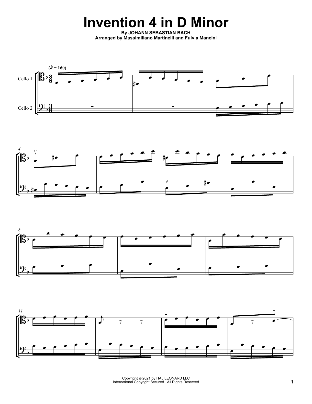 Mr & Mrs Cello Invention 4 In D Minor sheet music notes and chords arranged for Cello Duet