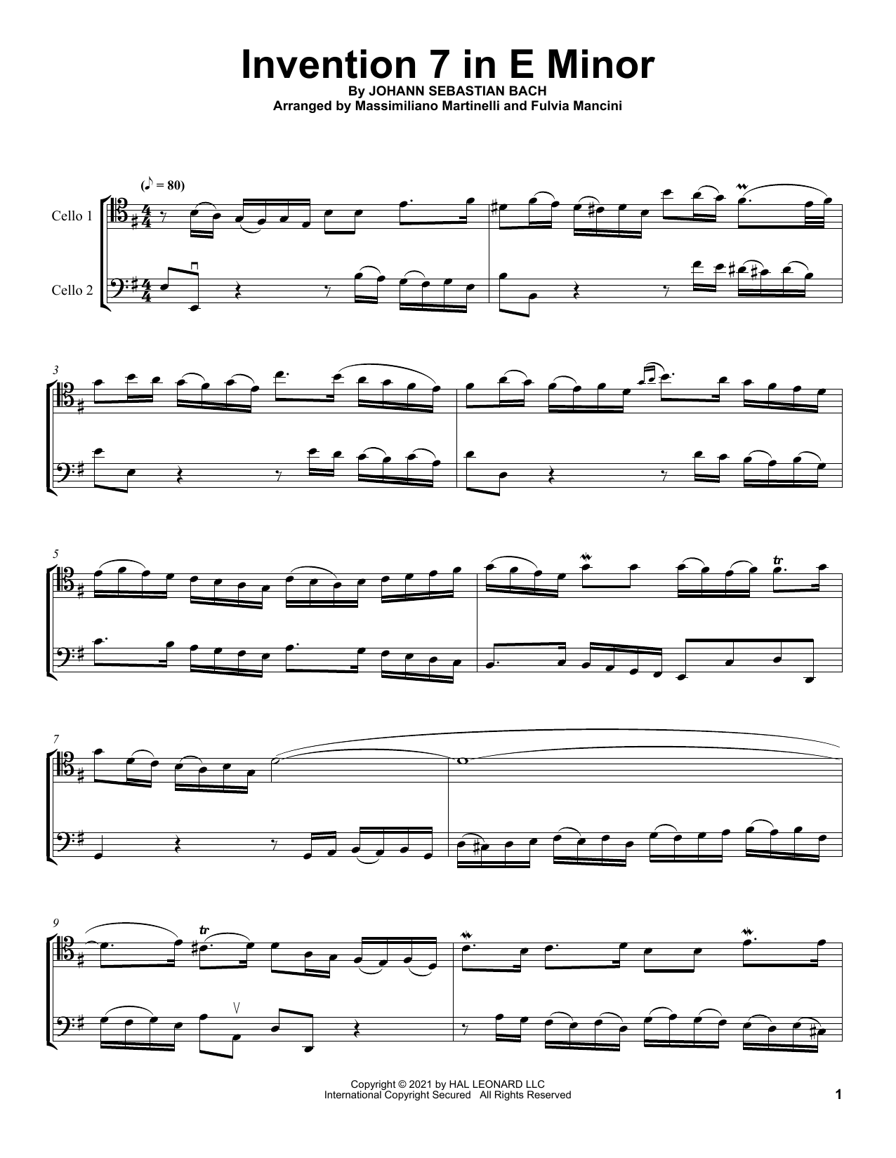 Mr & Mrs Cello Invention 7 In E Minor sheet music notes and chords arranged for Cello Duet