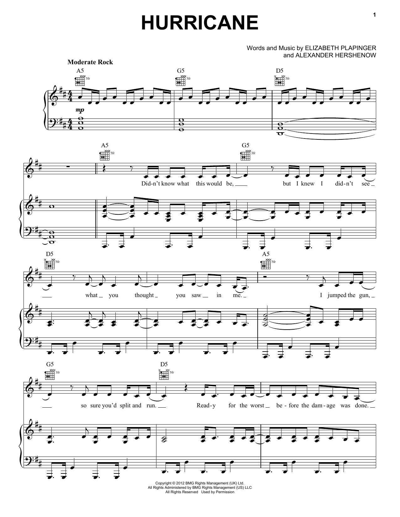 MS MR Hurricane sheet music notes and chords arranged for Piano, Vocal & Guitar Chords (Right-Hand Melody)