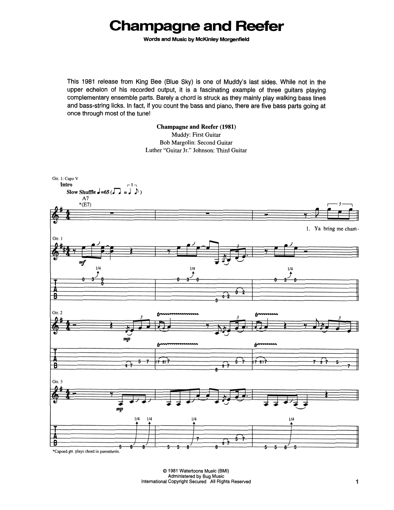 Muddy Waters Champagne And Reefer sheet music notes and chords arranged for Guitar Tab