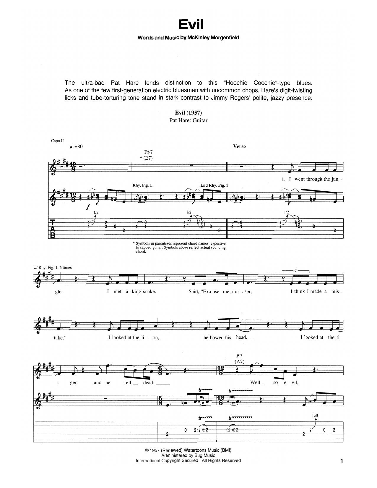 Muddy Waters Evil sheet music notes and chords arranged for Real Book – Melody, Lyrics & Chords