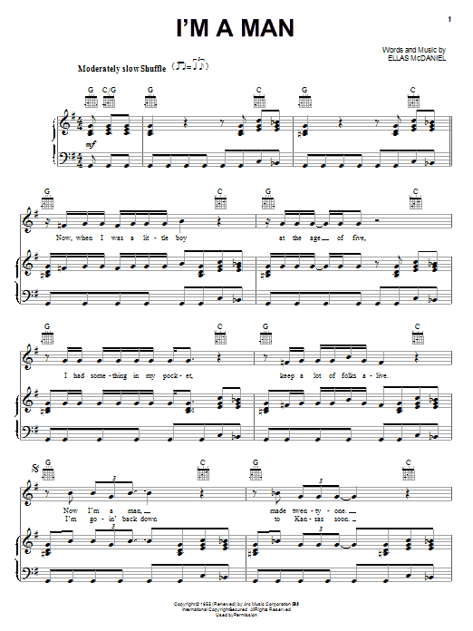 Muddy Waters I'm A Man sheet music notes and chords arranged for Piano, Vocal & Guitar Chords (Right-Hand Melody)