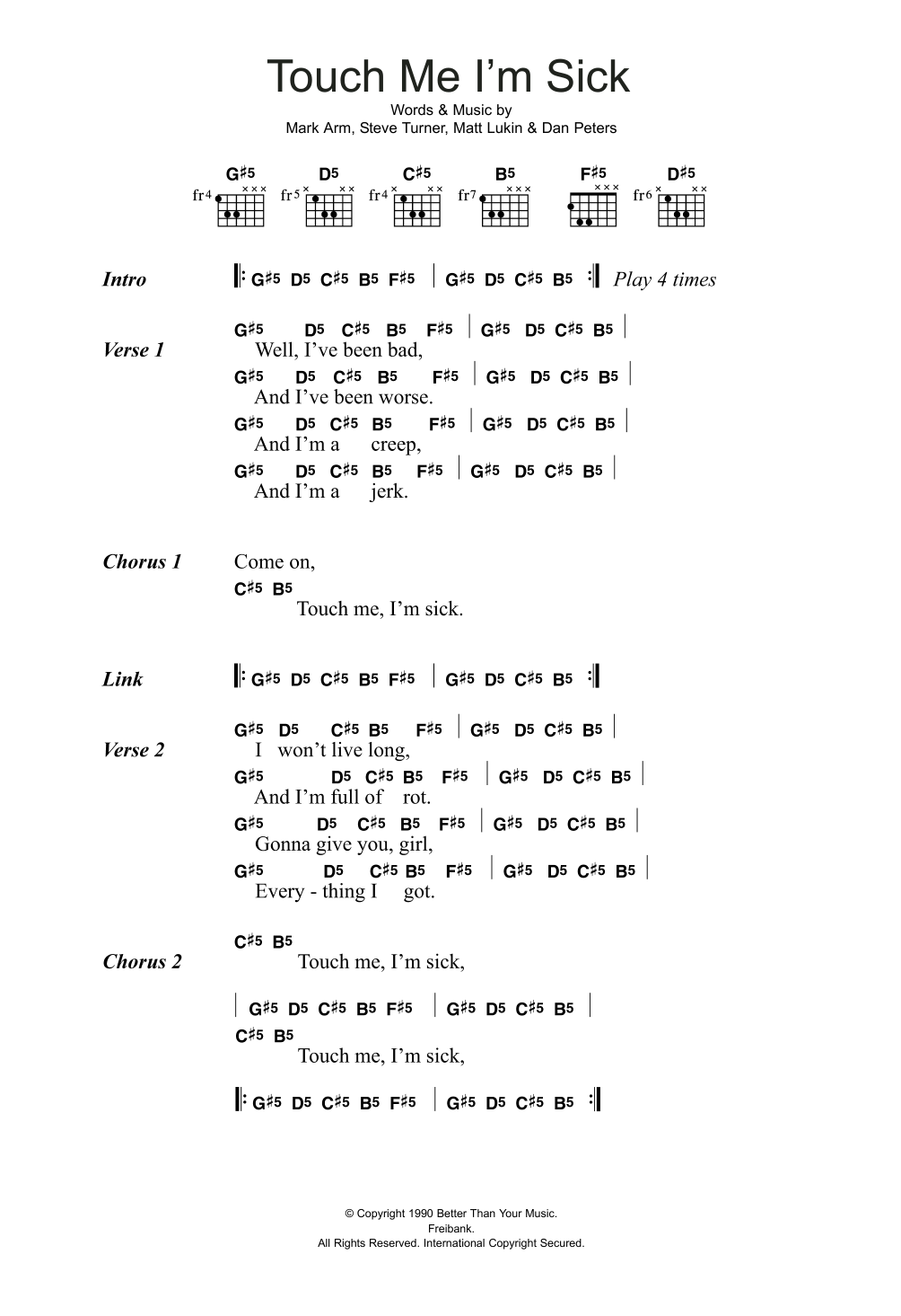 Mudhoney Touch Me I'm Sick sheet music notes and chords arranged for Guitar Chords/Lyrics