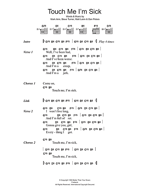 Mudhoney Touch Me I'm Sick sheet music notes and chords arranged for Guitar Chords/Lyrics