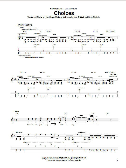 Mudvayne Choices sheet music notes and chords arranged for Bass Guitar Tab
