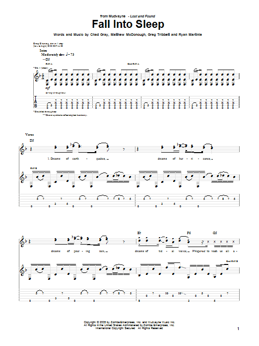 Mudvayne Fall Into Sleep sheet music notes and chords arranged for Bass Guitar Tab